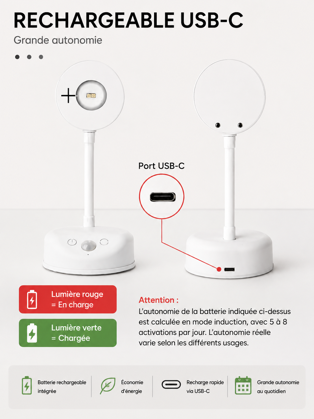 Spot LED avec Capteur de Mouvement – Veilleuse Rechargeable USB, 3 Températures de Couleur, Intérieur