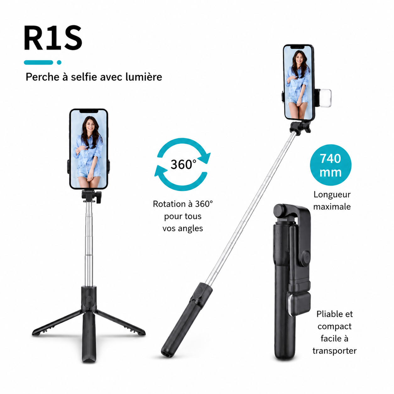 	Perche à selfie avec lumière LED allumée