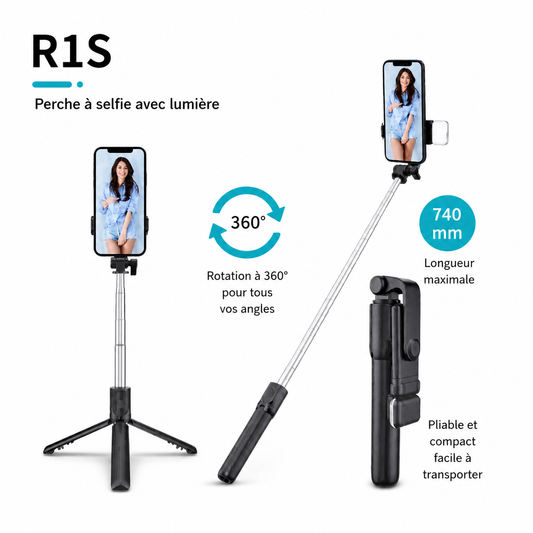 Perche à Selfie 3-en-1 avec Trépied, Lumière LED & Télécommande Bluetooth