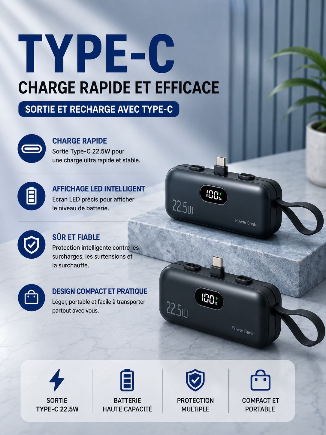 Batterie Externe Ultra-Compacte – Charge Rapide 22.5W | 10000 à 50000mAh