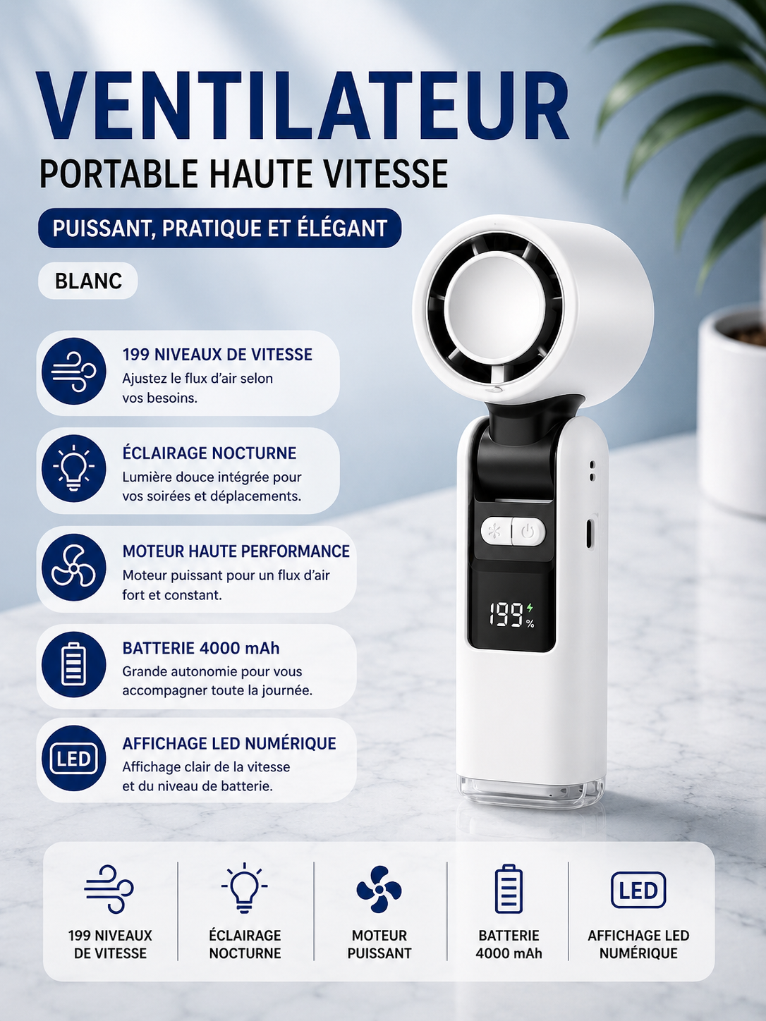 	Mini ventilateur turbo – recharge USB-C intégrée