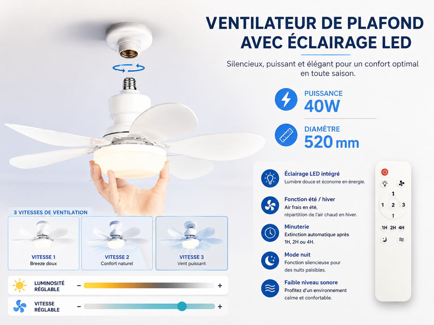 	Ventilateur plafond LED allumé – éclairage ambiance