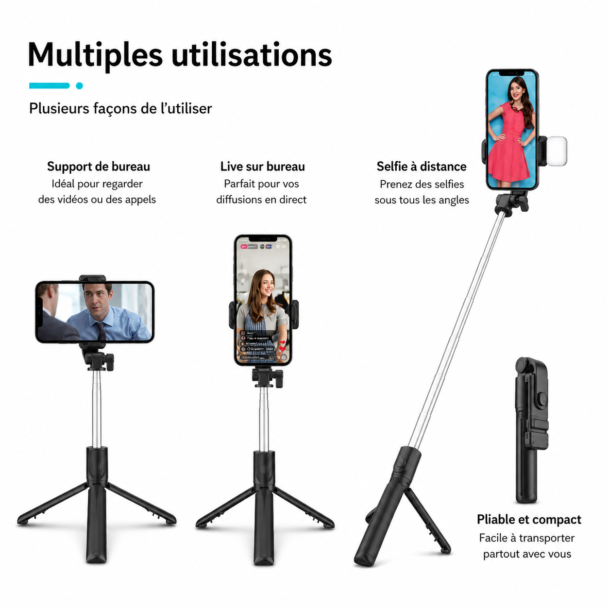 Perche à Selfie 3-en-1 avec Trépied, Lumière LED & Télécommande Bluetooth