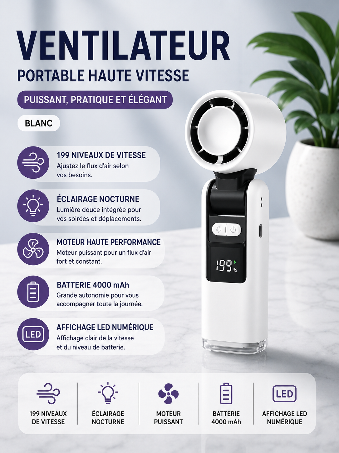 	Mini ventilateur portable – 3 vitesses réglables