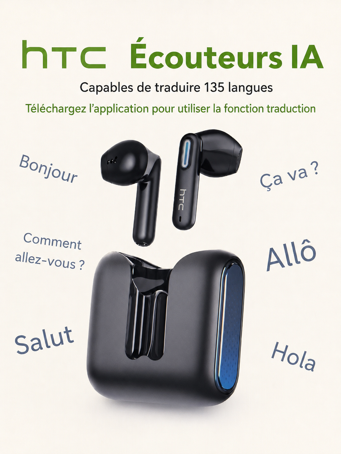 	Écouteurs HTC NE49 portés – son haute fidélité