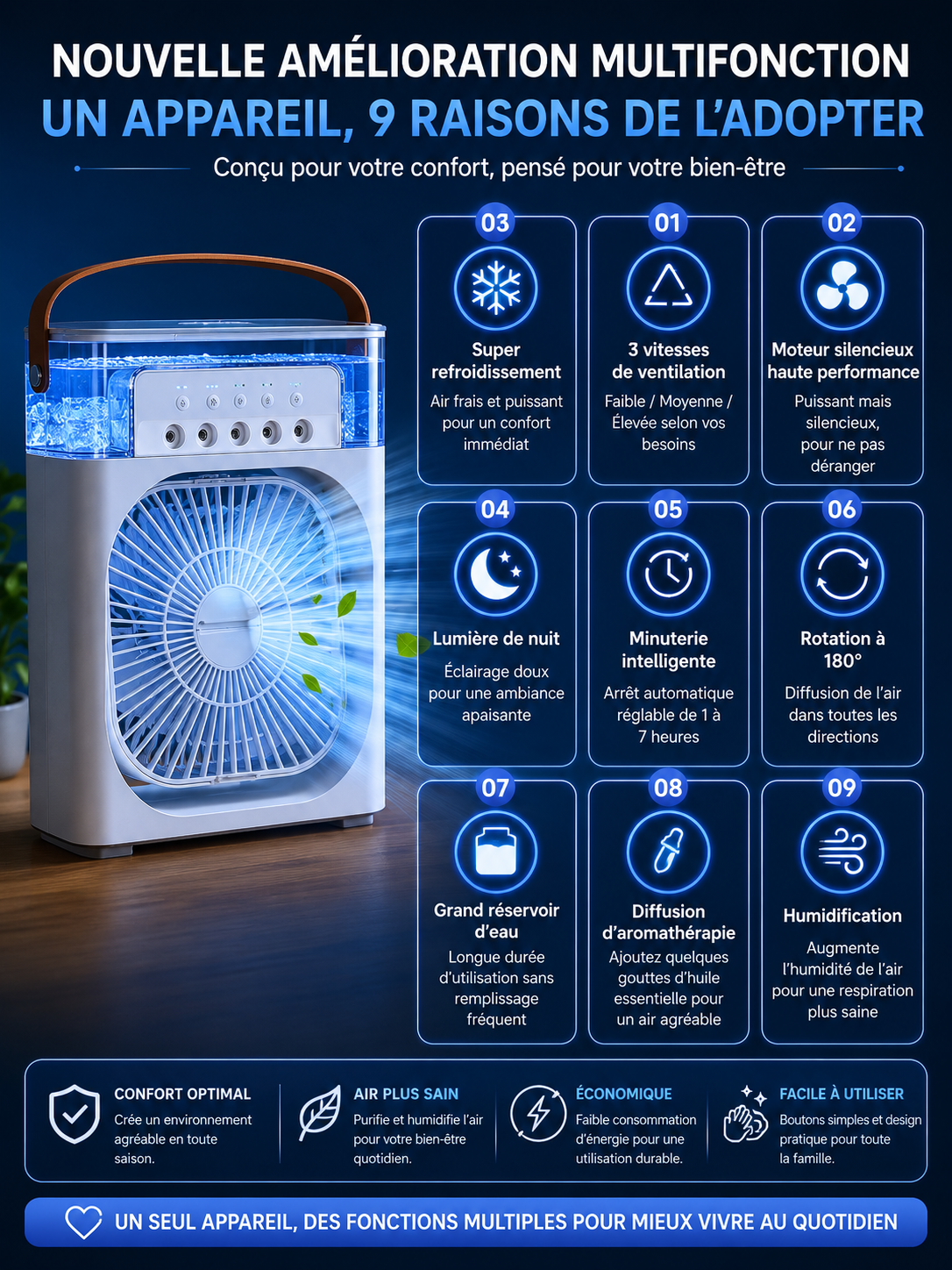Mini Ventilateur 3-en-1 – Climatiseur, Humidificateur & Veilleuse LED Rechargeable