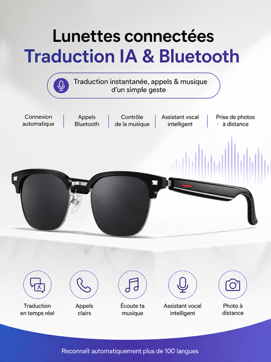 Lunettes Intelligentes 3 en 1 – Traducteur, Casque Bluetooth & Assistant Vocal