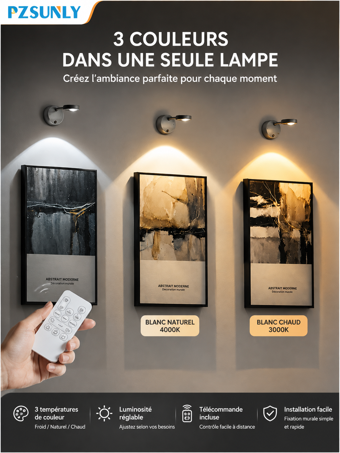 Spot LED avec Capteur de Mouvement – Veilleuse Rechargeable USB, 3 Températures de Couleur, Intérieur