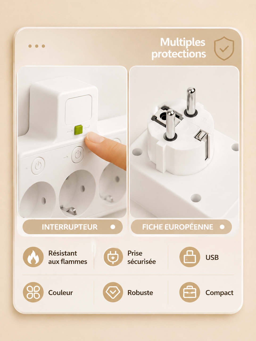 Multiprise EU avec Ports USB & USB-C – 3 Prises + Chargeur Intégré