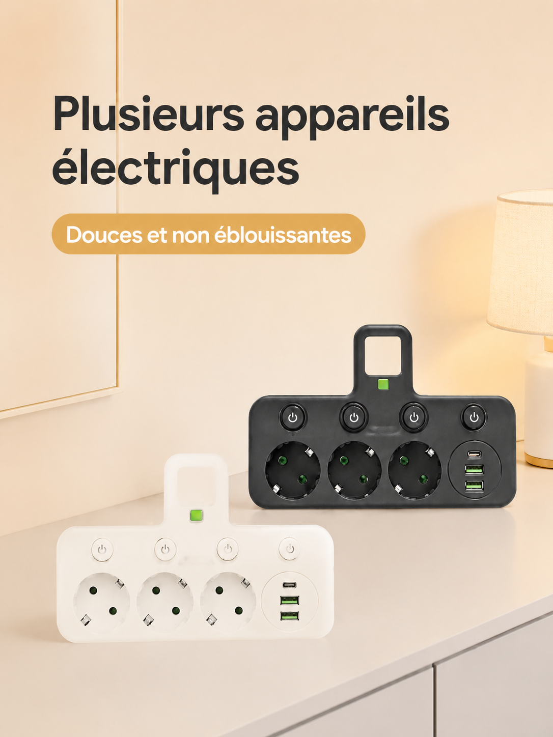 Multiprise EU avec ports USB et USB-C – vue de face