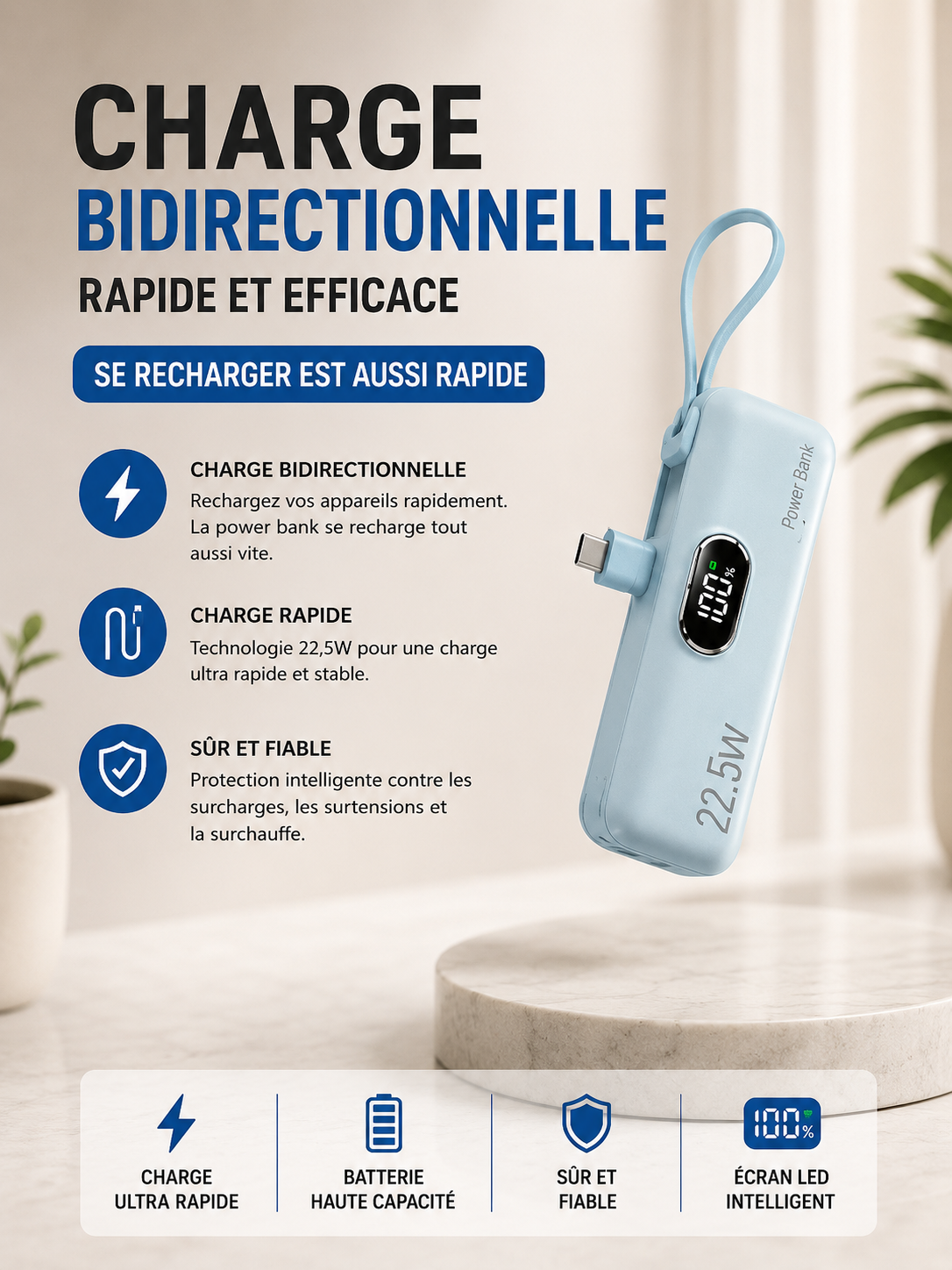Batterie Externe Ultra-Compacte – Charge Rapide 22.5W | 10000 à 50000mAh
