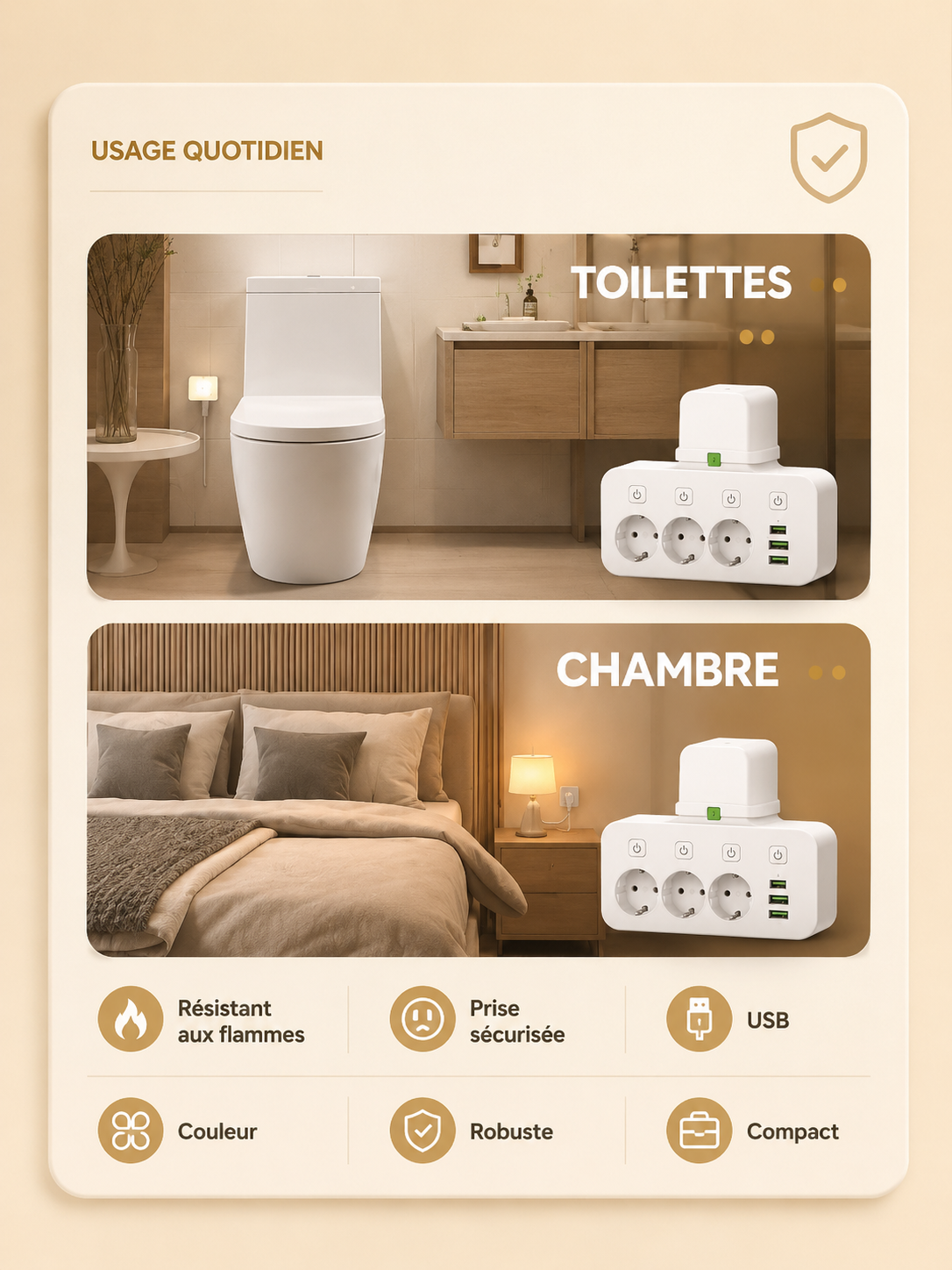 Multiprise EU avec Ports USB & USB-C – 3 Prises + Chargeur Intégré