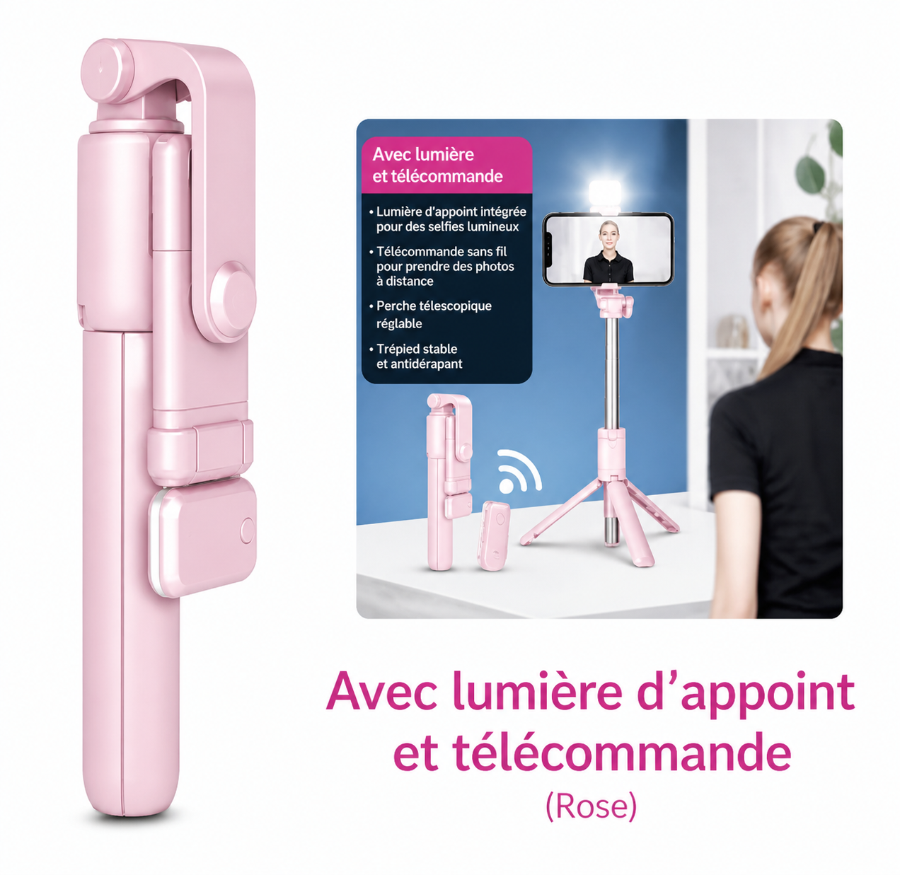 Perche à Selfie 3-en-1 avec Trépied, Lumière LED & Télécommande Bluetooth