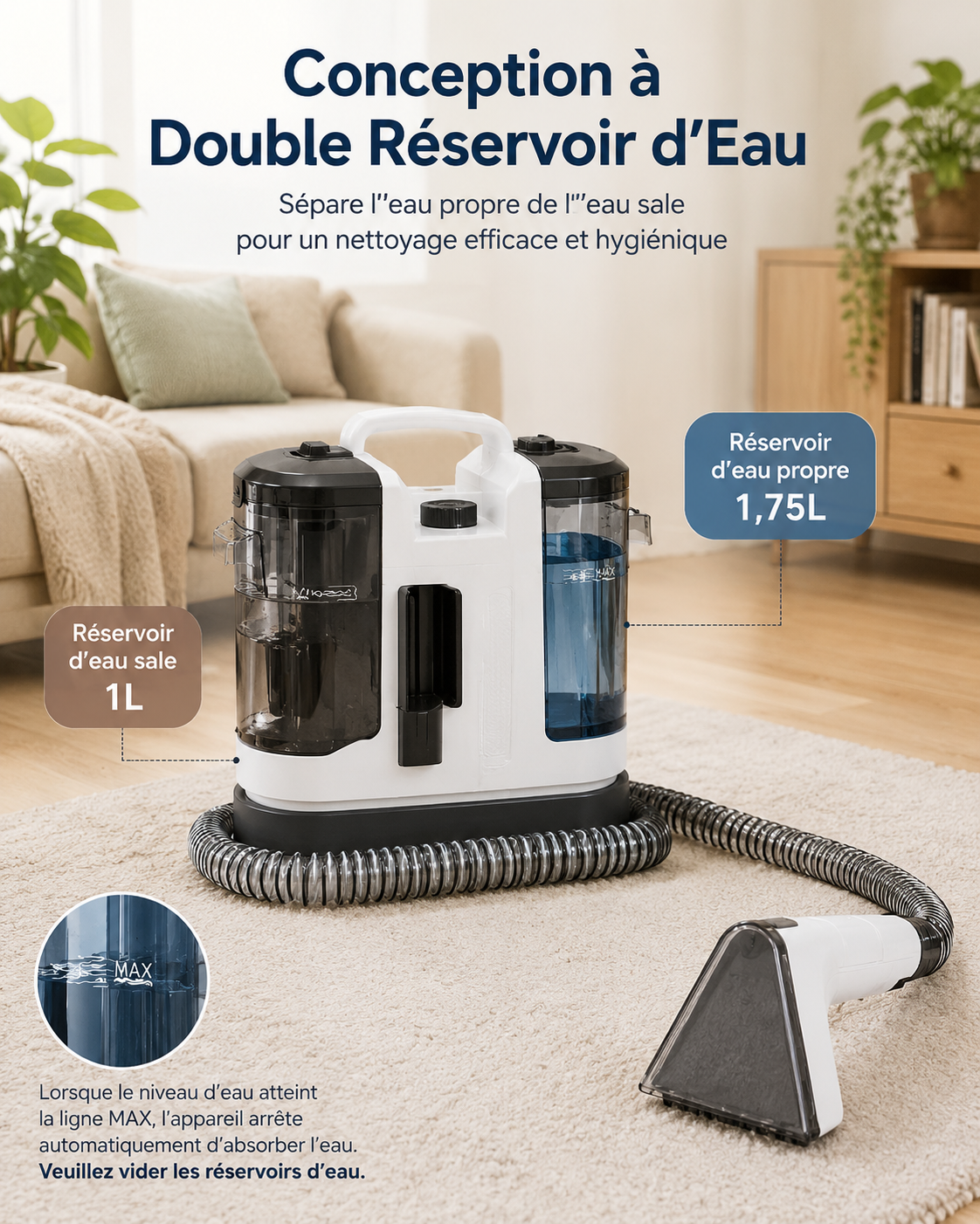 	Nettoyeur de tapis Lubluelu – câble 5m et tuyau 1,7m