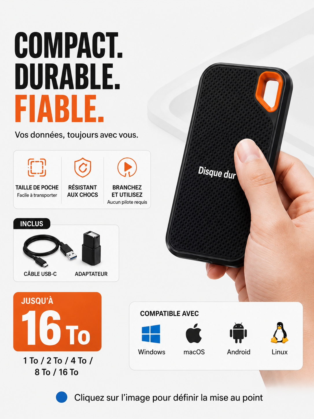Disque Dur Externe Portable SSD USB-C – Stockage Rapide pour PC, Mac, Laptop et Smartphone