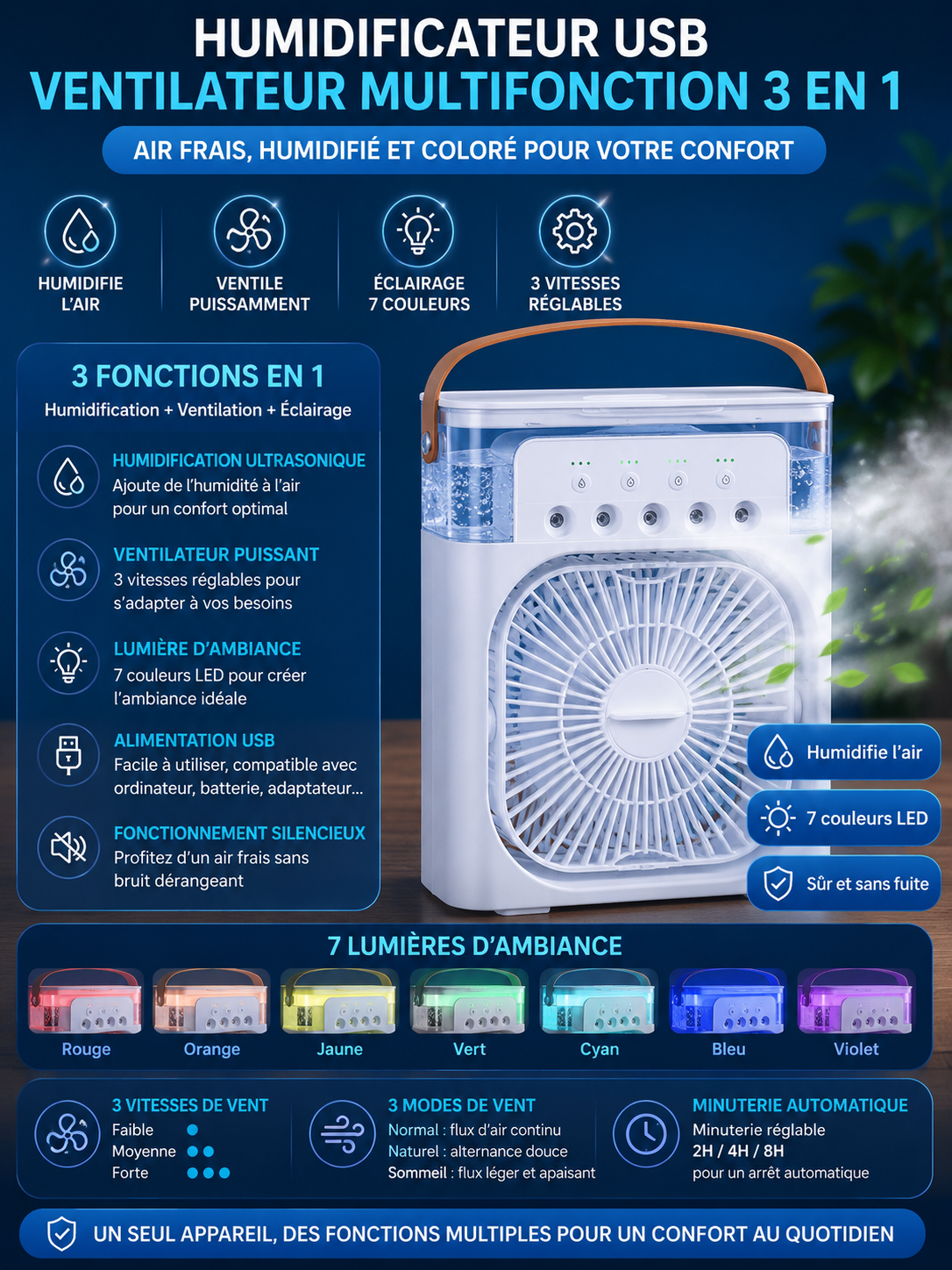 Mini Ventilateur 3-en-1 – Climatiseur, Humidificateur & Veilleuse LED Rechargeable