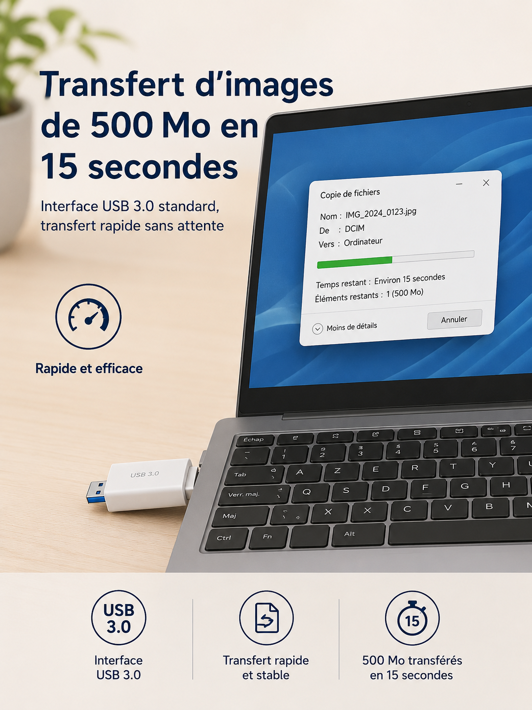Hub USB connecté à un ordinateur portable