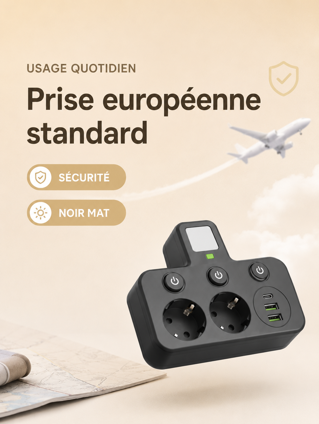 Multiprise EU avec Ports USB & USB-C – 3 Prises + Chargeur Intégré