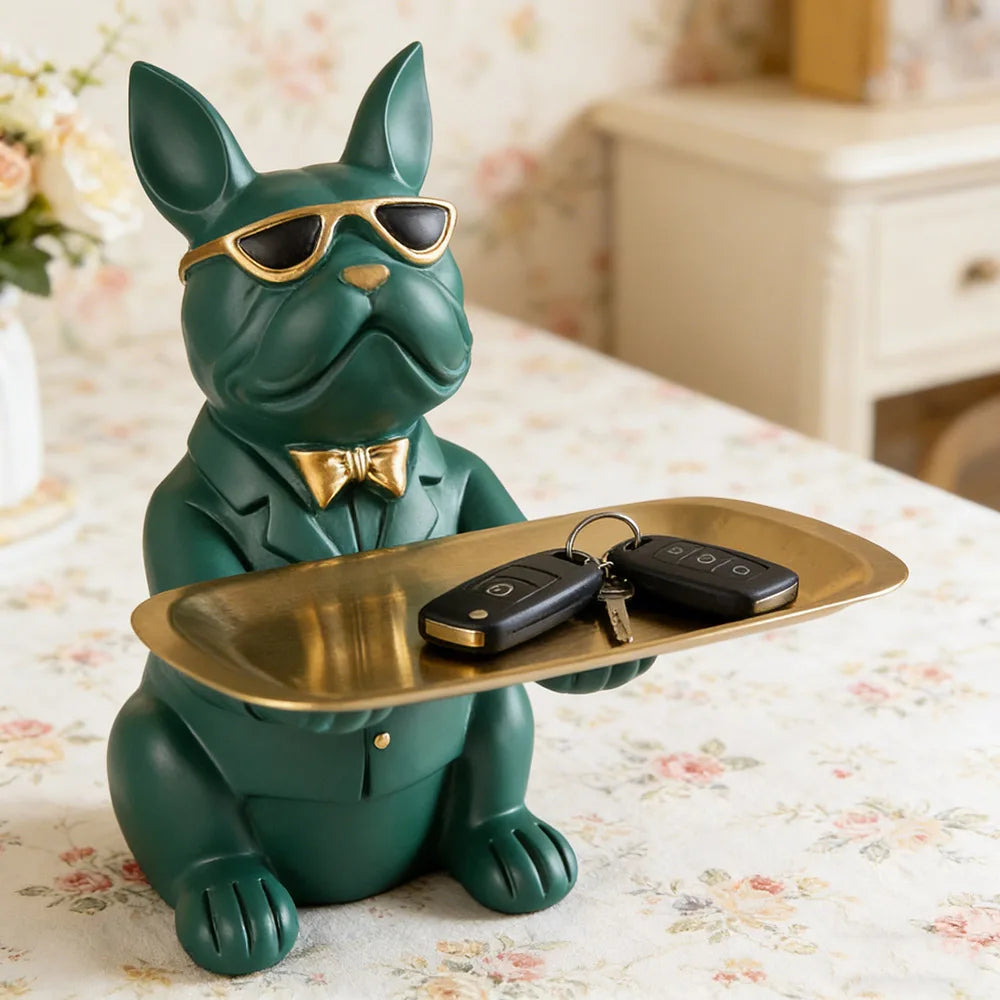 Plateau Bulldog Multifonction en Résine – Statuette Animale Décorative, Vide-Poche & Rangement Original