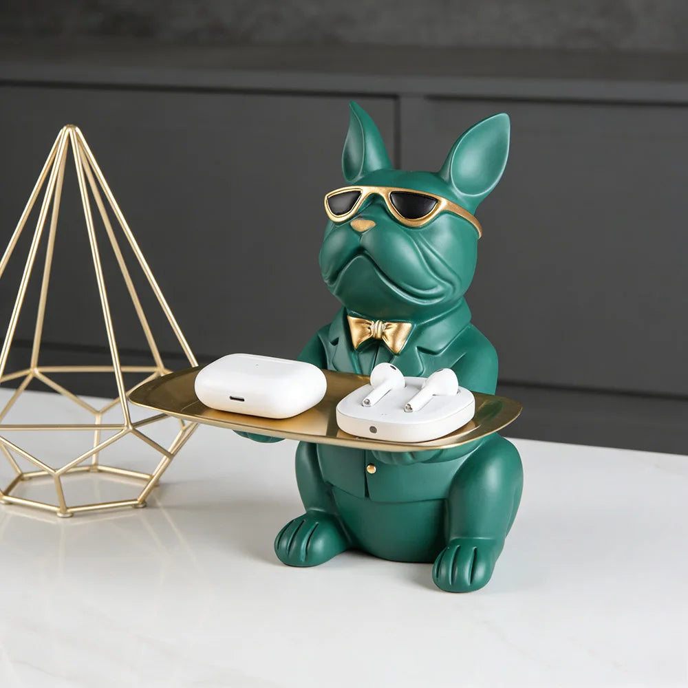 Plateau Bulldog Multifonction en Résine – Statuette Animale Décorative, Vide-Poche & Rangement Original