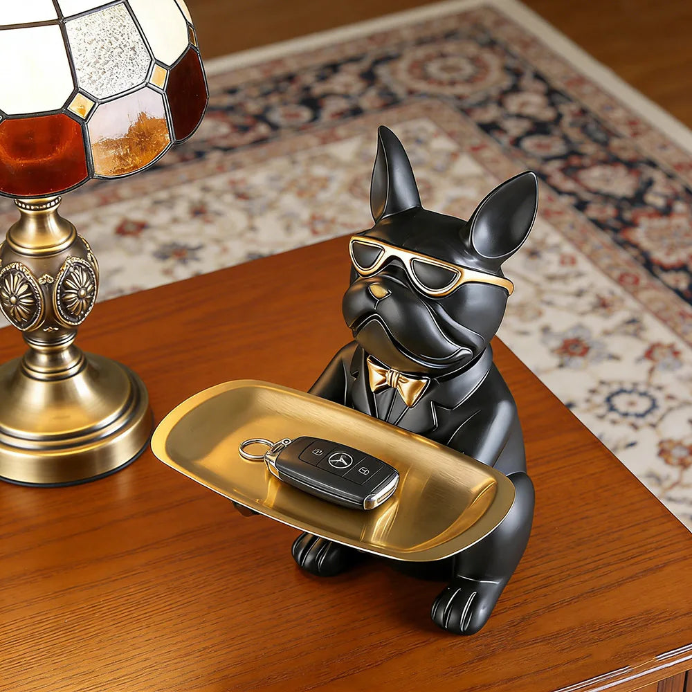 Plateau Bulldog Multifonction en Résine – Statuette Animale Décorative, Vide-Poche & Rangement Original