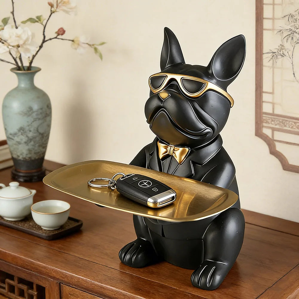 Plateau Bulldog Multifonction en Résine – Statuette Animale Décorative, Vide-Poche & Rangement Original
