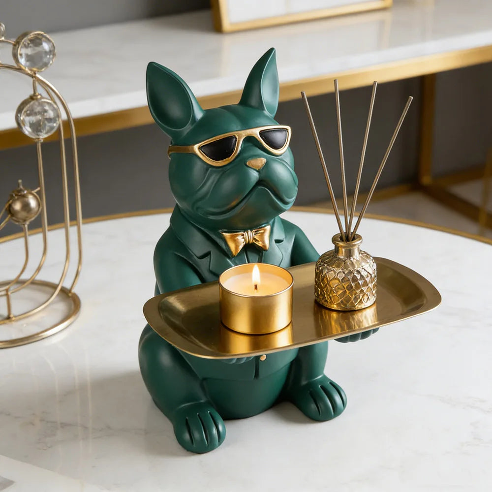 Plateau Bulldog Multifonction en Résine – Statuette Animale Décorative, Vide-Poche & Rangement Original