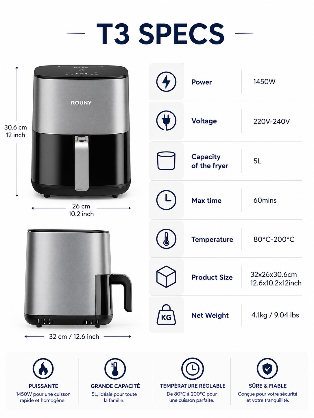 Friteuse à Air Chaud 5L ROUNY – Technologie Miui-Cyclone, Fenêtre Visible & Contrôle à Bouton
