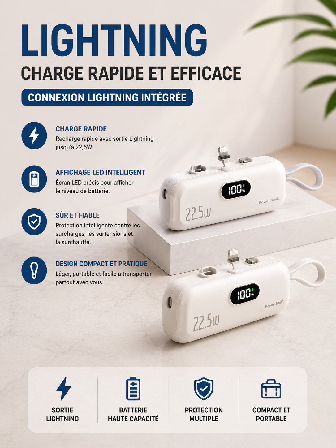 	Détail du design slim de la batterie externe