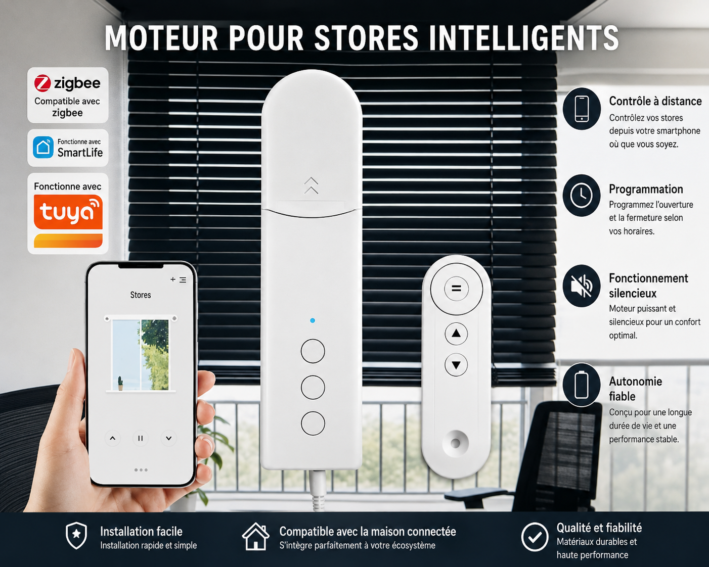 Moteur de rideau connecté Wi-Fi / Zigbee – Motorisation pour stores et rideaux, compatible Tuya & Smart Life
