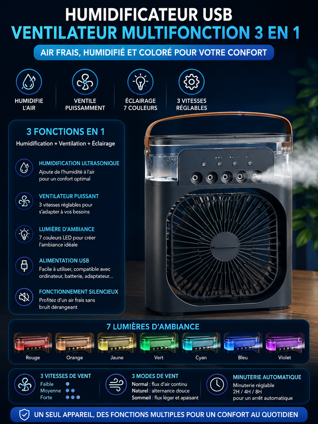 Mini Ventilateur 3-en-1 – Climatiseur, Humidificateur & Veilleuse LED Rechargeable