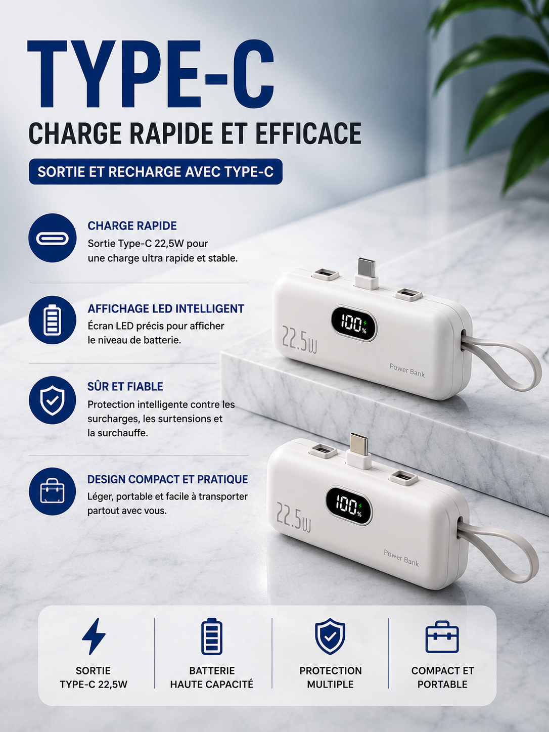 Batterie Externe Ultra-Compacte – Charge Rapide 22.5W | 10000 à 50000mAh