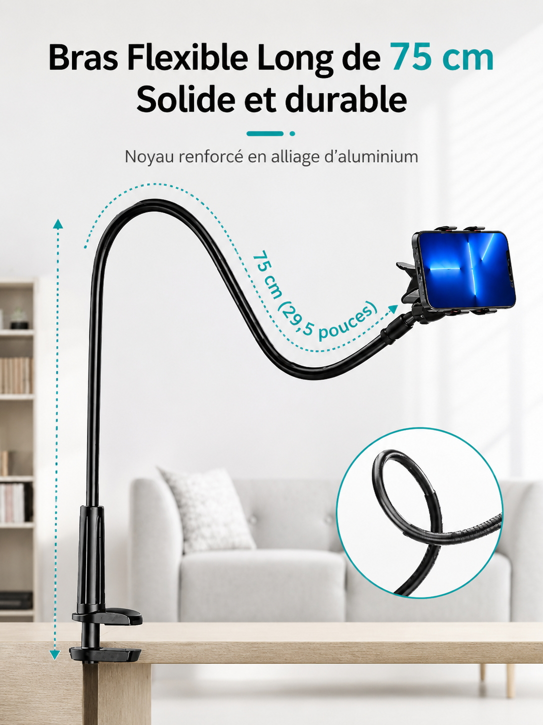Support téléphone flexible fixé sur une table