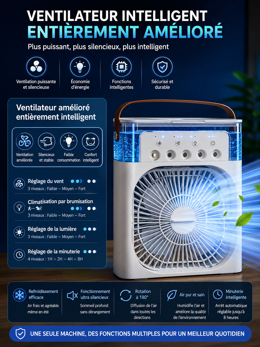 Mini Ventilateur 3-en-1 – Climatiseur, Humidificateur & Veilleuse LED Rechargeable