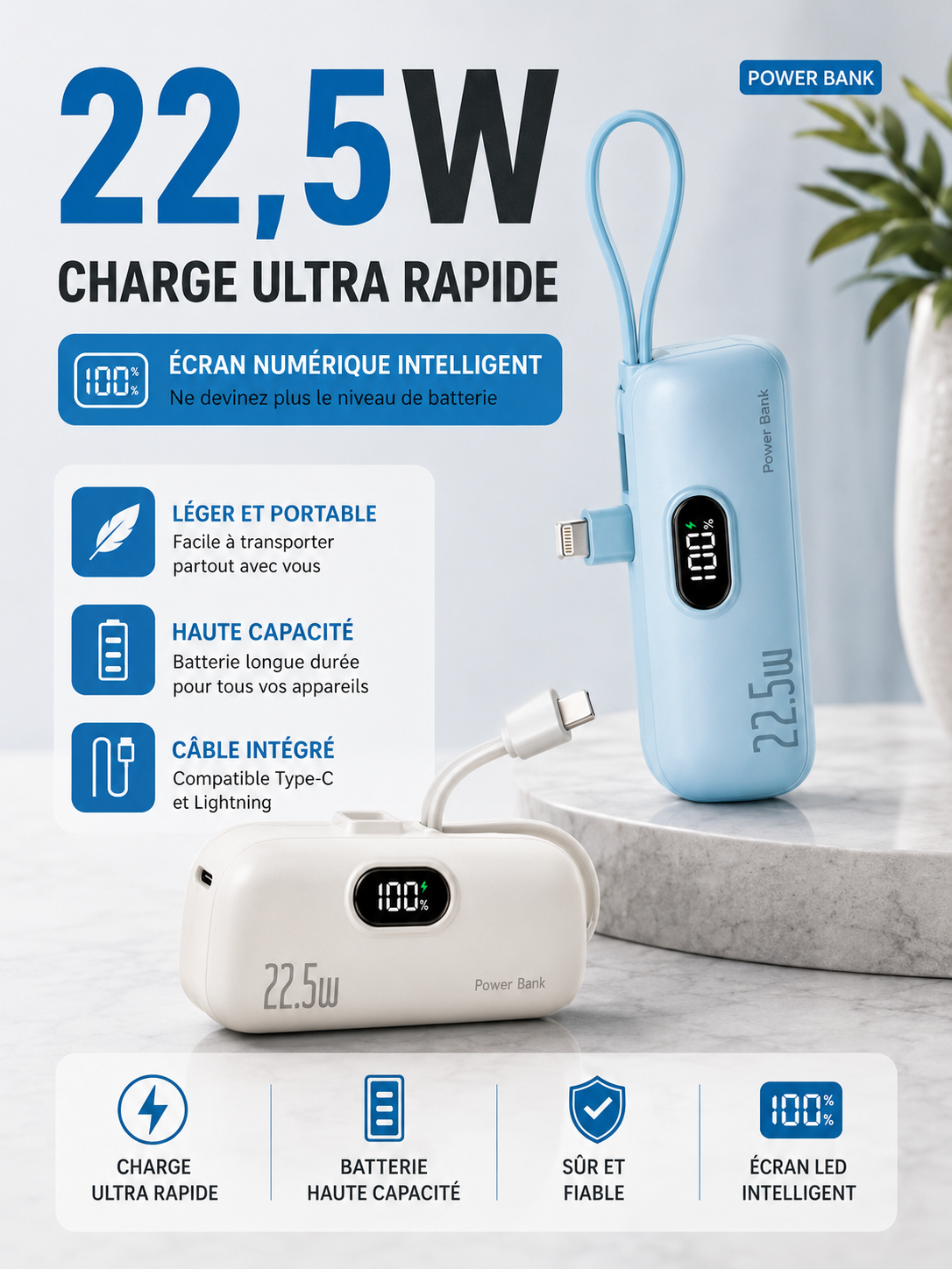 Détail des ports USB et USB-C de la batterie externe