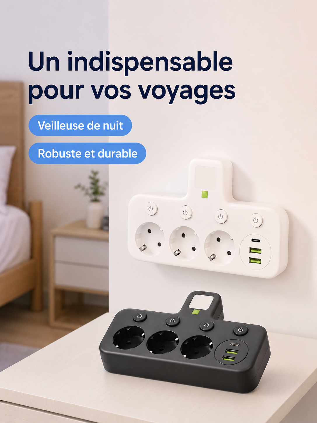 Multiprise EU branchée avec plusieurs appareils connectés