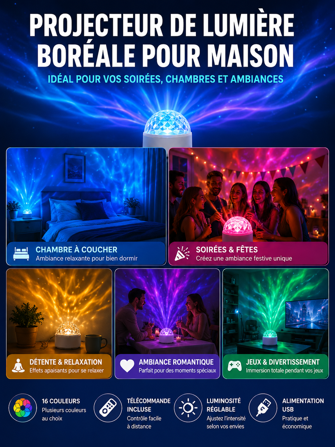 Lampe Projecteur LED Galaxie – Aurore Boréale & Ondulations d'Eau