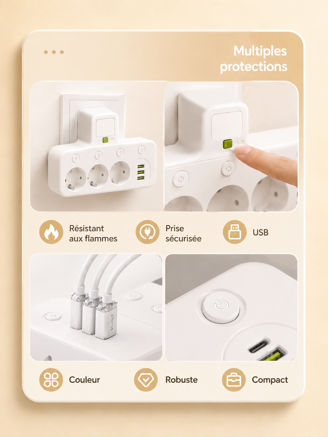 Multiprise EU avec Ports USB & USB-C – 3 Prises + Chargeur Intégré