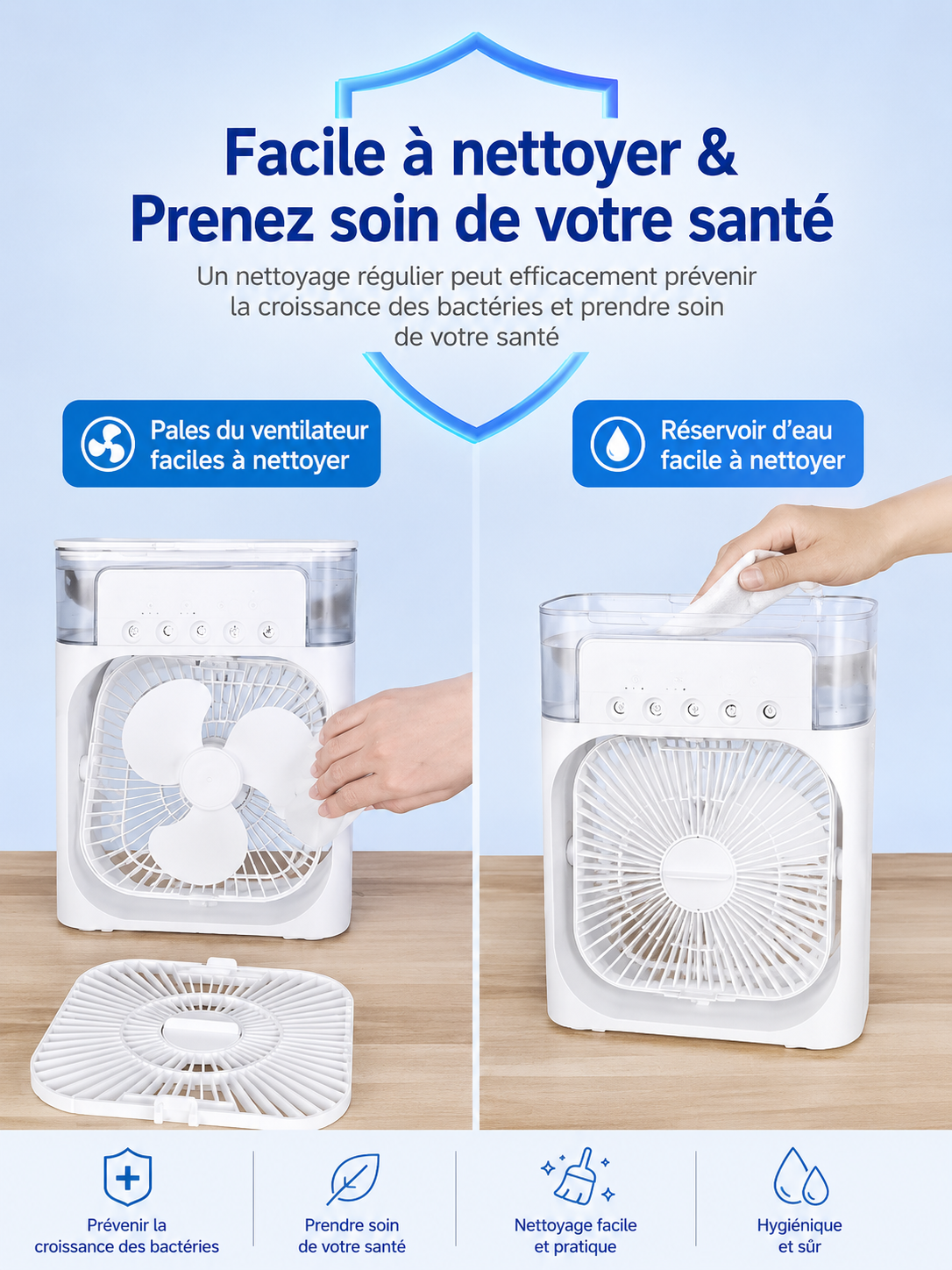 Détail des pales souples et sécurisées du mini ventilateur