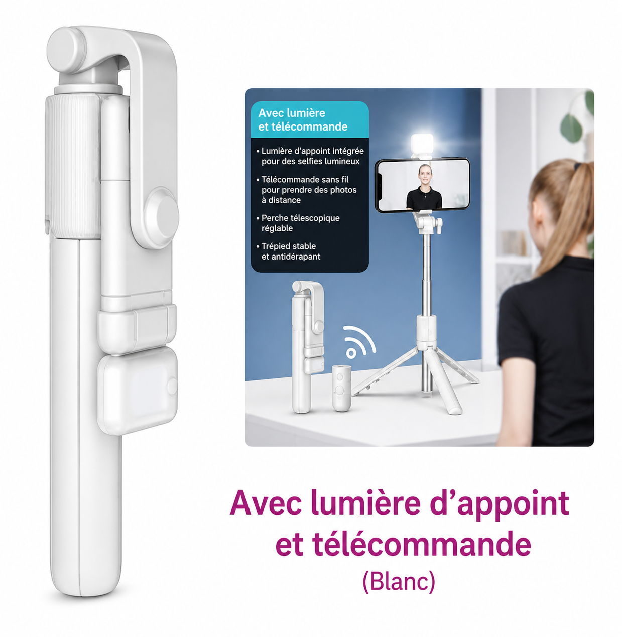 Perche à Selfie 3-en-1 avec Trépied, Lumière LED & Télécommande Bluetooth