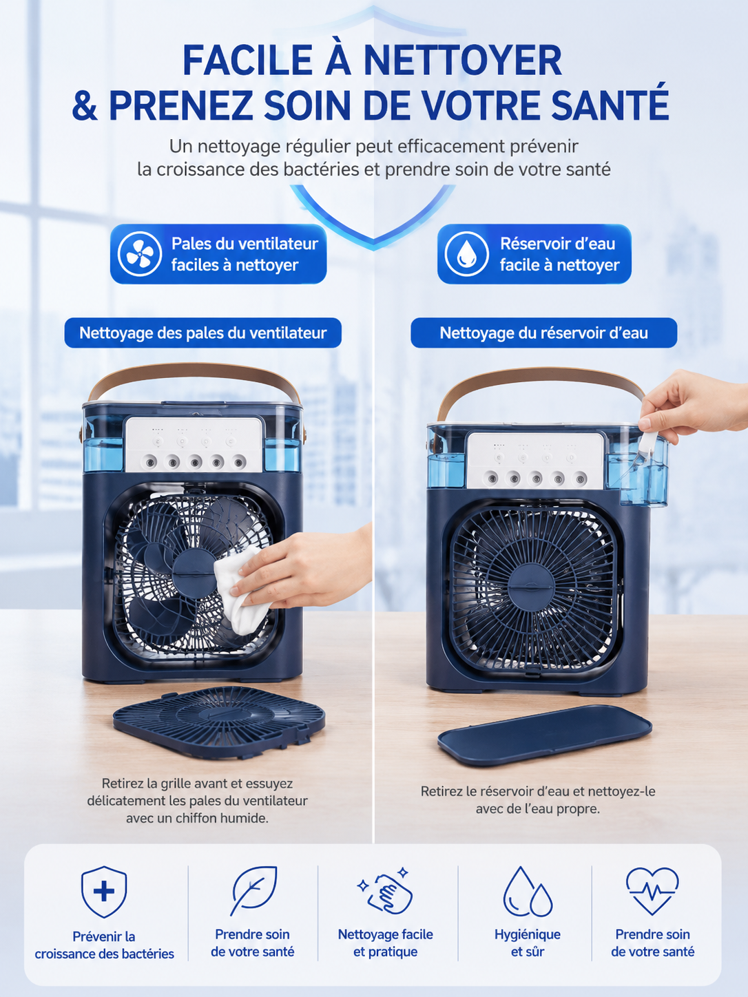 Mini Ventilateur 3-en-1 – Climatiseur, Humidificateur & Veilleuse LED Rechargeable