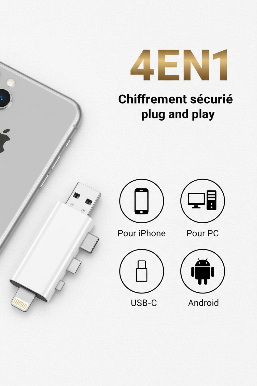 Clé USB 4EN1 – Compatible iPhone, USB-C, Android et PC