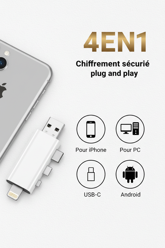 Clé USB 4EN1 – Compatible iPhone, USB-C, Android et PC